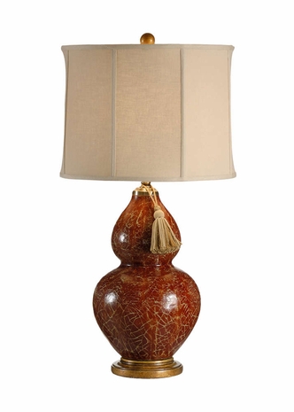 12504 Wildwood 32in. Earthenware Red Gourd Lamp with Linen Shade and Red Crackled Glaze/Antique Gold Finish