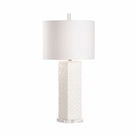 12584 Cheryl Luckett 32in. Ceramic Ujamaa Lamp - White with Linen Shade and White Glaze/Clear Finish