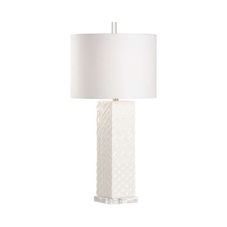 12584 Cheryl Luckett 32in. Ceramic Ujamaa Lamp - White with Linen Shade and White Glaze/Clear Finish
