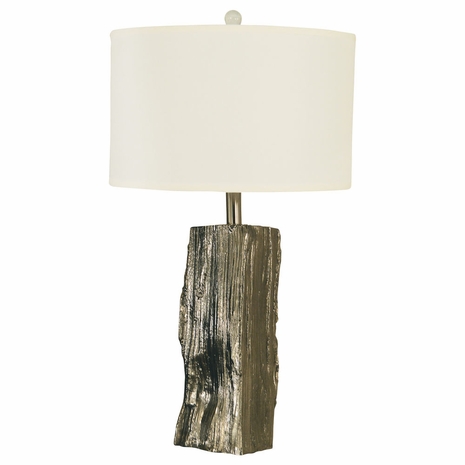 1262-ASL-2101 Thumprints Driftwood Cast Metal Table Lamp in Polished Nickel with White Silk Hardback Shade
