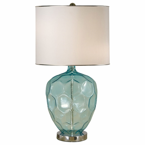 1274-ASL-2188 Thumprints Abyss Blown Glass Table Lamp in Translucent Turquoise / Polished Nickel with Off White Shantung Silk with Nickel Trim Shade