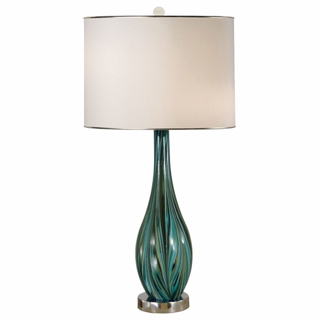 1275-ASL-2188 Thumprints Seafoam Table Lamp in Turquoise, Green and Black / Polished Nickel with Off White Shantung Silk with Nickel Trim Shade