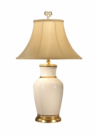 14111 Wildwood 29.5in. Porcelain Presidential Lamp with Silkette Shade and Hand Painted/White Glaze/Gold Finish
