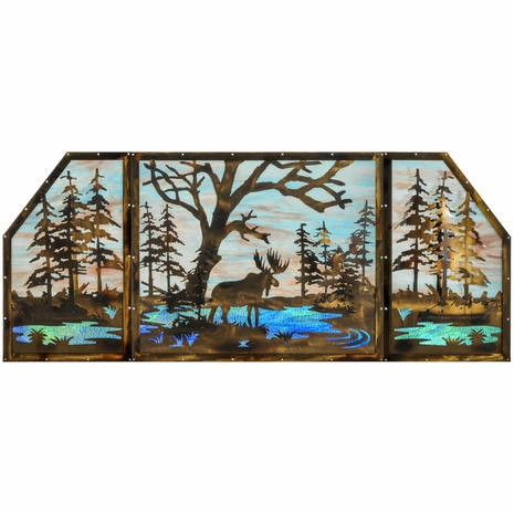 147850 Meyda Tiffany 72"W X 30"H Moose at Lake 3 Panel Stained Glass Window