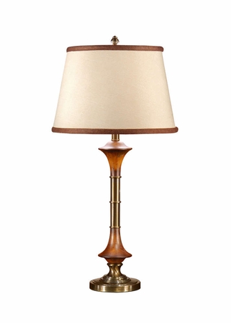 21164 Wildwood Lamps Double Trumpet Lamp with Wood with Brass Antique Patina