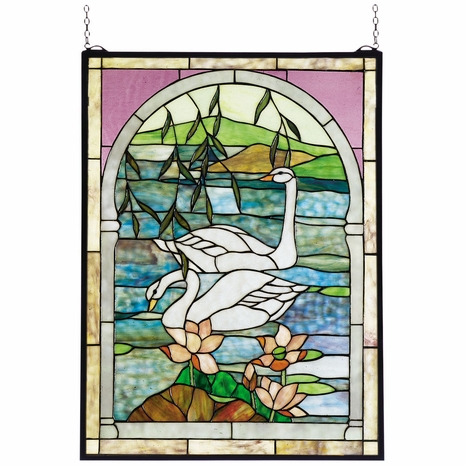 23868 Meyda Tiffany 22"W X 30"H Swans Stained Glass Window