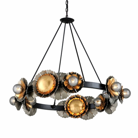278-016-SBK/SSL/OWG Corbett Lighting Magic Garden 16 Lt. Chandelier with Soft Black/Stria Silver Leaf/Old World Gold Leaf Finish