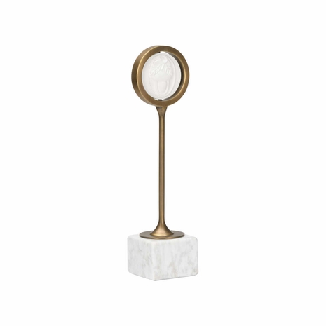 295841 Denise Mcgaha 15.5in. Marble/Metal/Plaster Oak Leaf Tall Intaglio with Natural White/Antique Brass/Matte White Finish