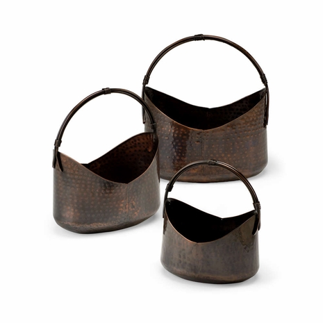 297052 Wildwood Lamps Handmade Brass Hand Hammered/Old Copper Patina Handled Planters (S3)