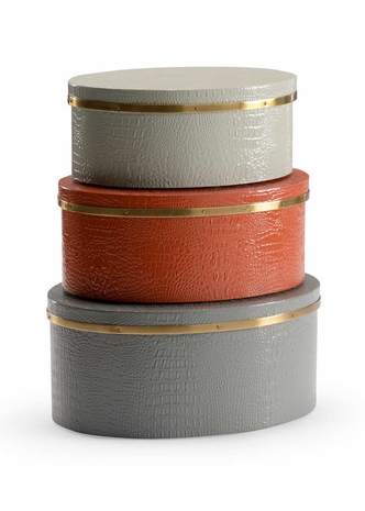 301076 Wildwood Faux Crocodile Skin Coral Oval Boxes - Coral/Gray (S3)