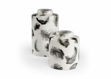 301441 Wildwood Porcelain White/Black Glaze Feather Urn Set