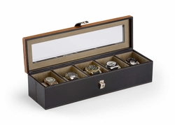 301868 Wildwood 4in. Leather/Glass/Brass Watch Display Box with Black/Golden/Clear/Nickel Finish