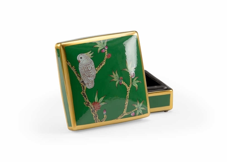 302032 Wildwood 4in. Ceramic Polly Davis Box with Green Glaze/Metallic Gold/Hand Painted Finish