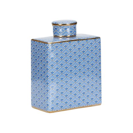 302551 Wildwood 9in. Ceramic Kelly Jar - Sm with Blue/White Decal/Metallic Gold Finish