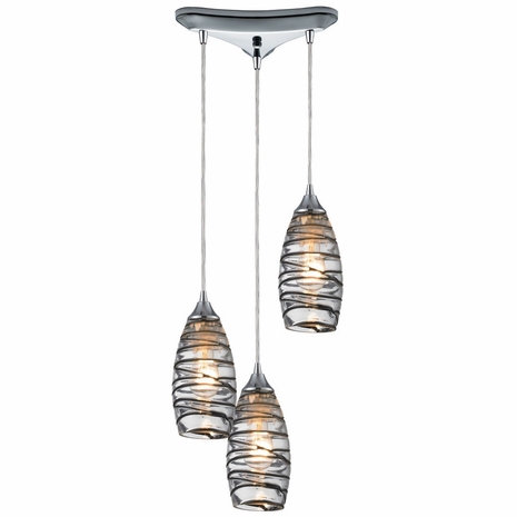 31338/3VINW ELK Lighting Twister 3-Light Triangular Pendant Fixture In Polished Chrome With Sculpted Glass