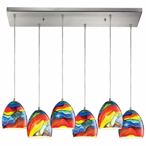 31445/6RC-RB ELK Lighting Colorwave 6-Light Rectangular Pendant Fixture In Satin Nickel With Multi-Colored Glass