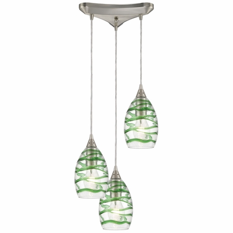 31762/3 ELK Lighting Vines 3-Light Triangular Mini Pendant Fixture in Satin Nickel with Clear and Emerald Green Glass