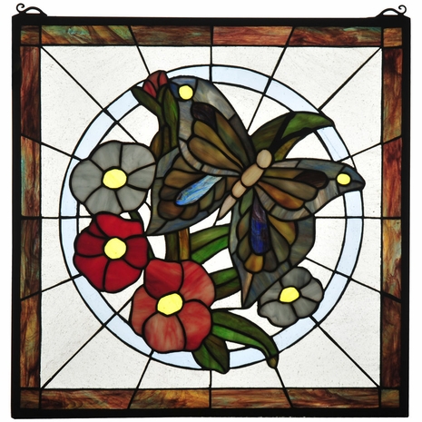 32672 Meyda 20"W X 20"H Butterfly Floral Stained Glass Window