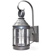 3317  Northeast Lantern Cone Top Wall With Top Scroll Antique Brass Medium Base Socket Clear or Seedy Glass Open Bottom