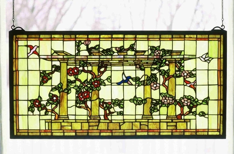 36199 Meyda Tiffany Trellis wiht Birds & Flowers Window