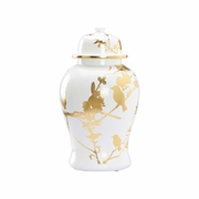 370110 Lisa Kahn 19in. Ceramic Winged Creatures Ginger Jar with White Glaze/Gold Leaf Finish