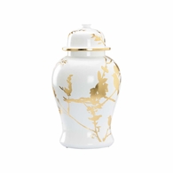 370110 Lisa Kahn 19in. Ceramic Winged Creatures Ginger Jar with White Glaze/Gold Leaf Finish