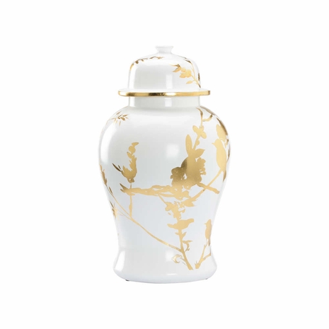 370110 Lisa Kahn 19in. Ceramic Winged Creatures Ginger Jar with White Glaze/Gold Leaf Finish