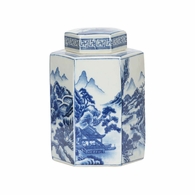 370165 Chelsea House 8.5in. Ceramic Shan Ginger Jar with Blue/White Glaze Finish