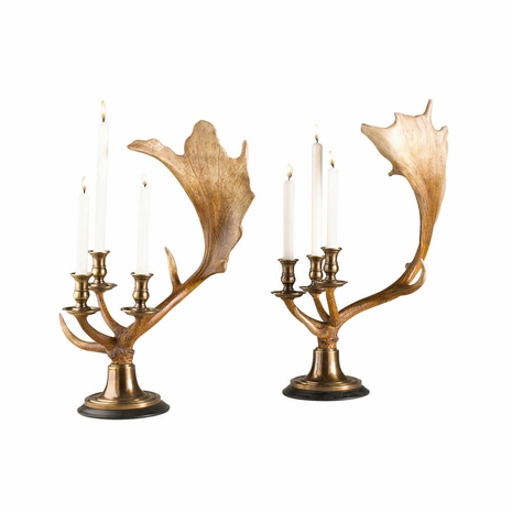 380554 Chelsea House Reproduction Antlers Antique Brass Fittings Moose Antler Candlesticks (Pr