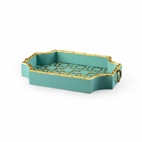 382508 Chelsea House Bradshaw Orrell Hand Decorated Teal With Gold Details Bamboo Tray - Teal