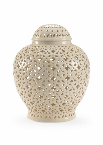 382537 Chelsea House White Glaze - Hand Pierced Fired Ceramic Pierced Covered Jar - White