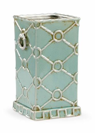 383199 Chelsea House Bradshaw Orrell Porcelain Antique Mint Green/Silver Glaze Square Ring Vase - Silver