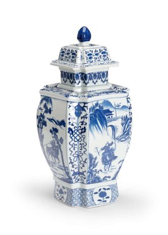 383997 Chelsea House 20in. Porcelain Jin Dynasty Covered Urn with Blue/White Glaze Finish