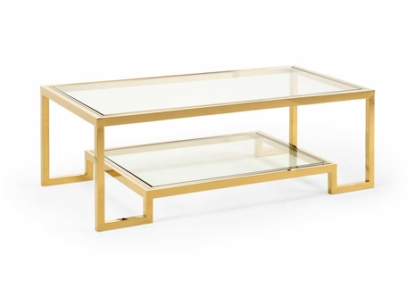 384479 Chelsea House 18in. Metal/Tempered Glass Dasher Cocktail Table with Antique Brass/Clear Finish