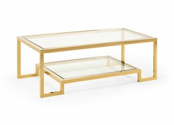 384479 Chelsea House 18in. Metal/Tempered Glass Dasher Cocktail Table with Antique Brass/Clear Finish