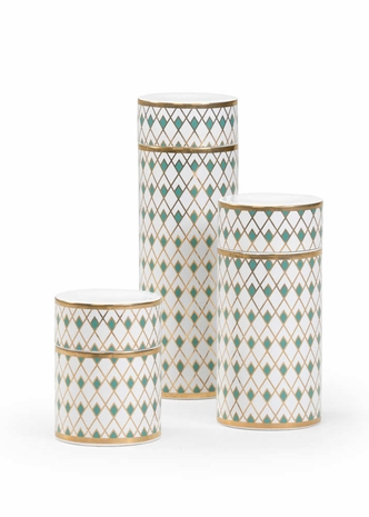 384648 Chelsea House Claire Bell Ceramic/Glaze White/Green/Metallic Gold Christopher Canisters (S3)
