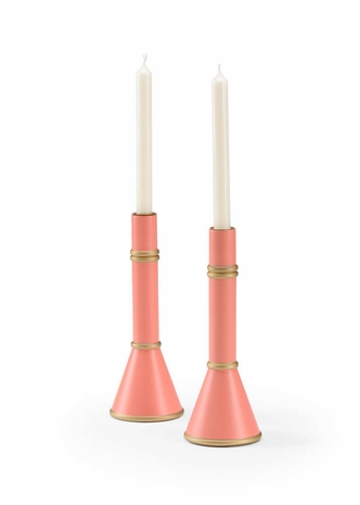 384766 Chelsea House Claire Bell Wood Coral/Gold Tole Candlesticks - Coral