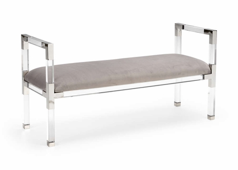 384974 Chelsea House 26in. Acrylic/Steel/Velour Master Suite Bench with Clear/Polished Nickel/Gray Finish