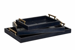 385477 Chelsea House 3in. Leather On Wood/Iron Assured Trays (S3) with Midnight Blue/Antique Brass Finish
