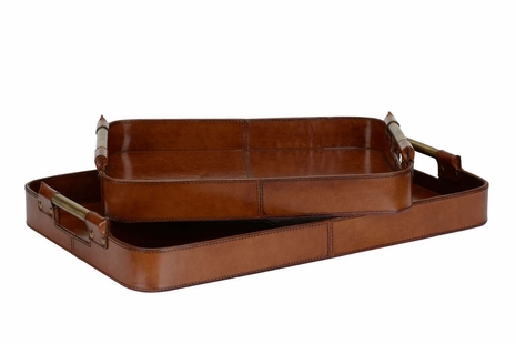 385479 Chelsea House 3in. Leather On Wood/Iron Gentleman Trays (S2) with Tan/Antique Brass Finish