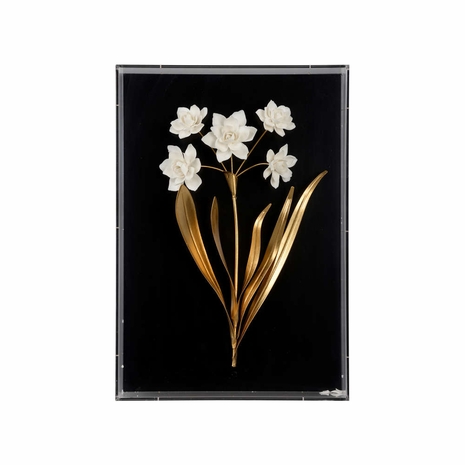 385973 Bill Cain 20in. Acrylic/Metal Porcelain Flower Black - D with Clear/Matte White/Antique Gold Leaf Finish