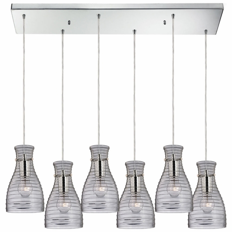 46107/6RC ELK Lighting Strata 6-Light Rectangular Pendant Fixture In Polished Chrome With Ribbed Blown Glass