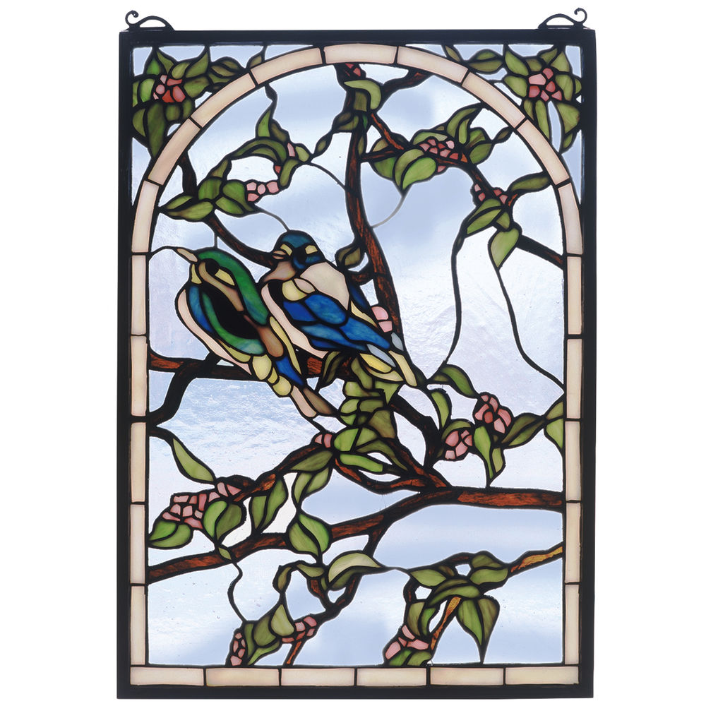 47966 Meyda Tiffany 14"W X 20"H Lovebirds Stained Glass Window