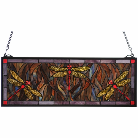 48091 Meyda Tiffany 28"W X 10"H Tiffany Dragonfly Trio Stained Glass Window