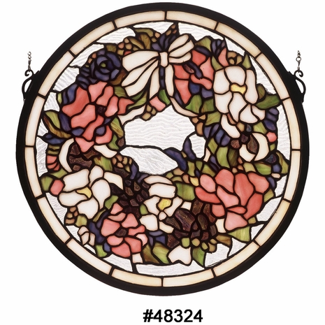 48324 Meyda Tiffany 15"W X 15"H Revival Wreath & Garland Medallion Stained Glass Window