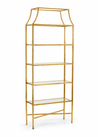 490062 Wildwood 82in. Iron/Glass Clancy Etagere with Antique Gold Leaf/Clear Finish