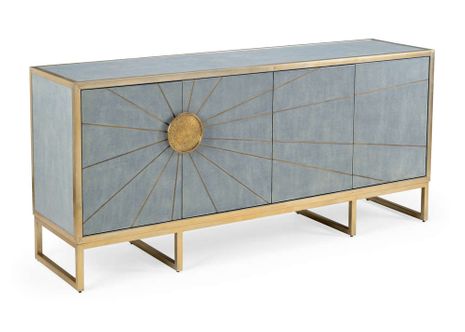 490479 Wildwood 33in. Wood/Brass Ray's Edge Cabinet with Faux Gray Shagreen/Antique Finish