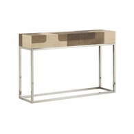 490751 Wildwood 32in. Raffia On Wood/Stainless Steel Jacoby Console with Brown/Cream/Polished Nickel Finish