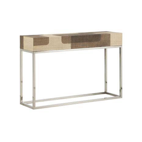 490751 Wildwood 32in. Raffia On Wood/Stainless Steel Jacoby Console with Brown/Cream/Polished Nickel Finish