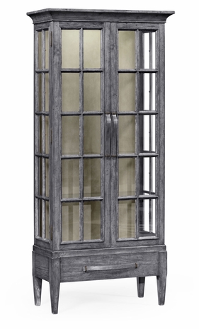 491063-ADG JC Edited Casual Country Plank Antique Dark Grey Tall Glazed Cabinet With Strap Handles On Raised Base